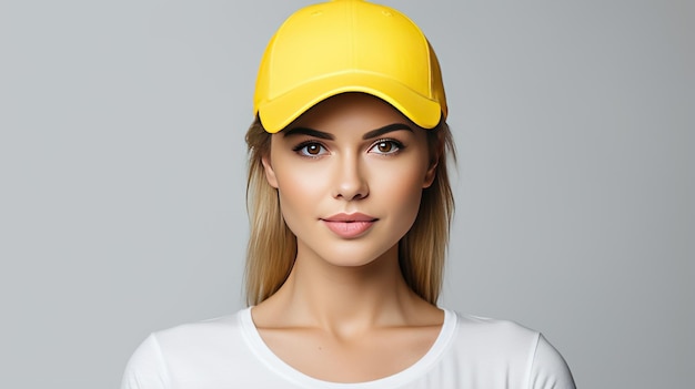 Foto splendida foto belle donne che indossano un modello di berretto da baseball giallo in vista frontale isolato in bianco