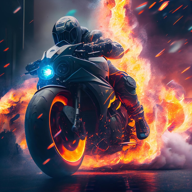 Stunning photo of biker motorcyclist driving sportbike on fire