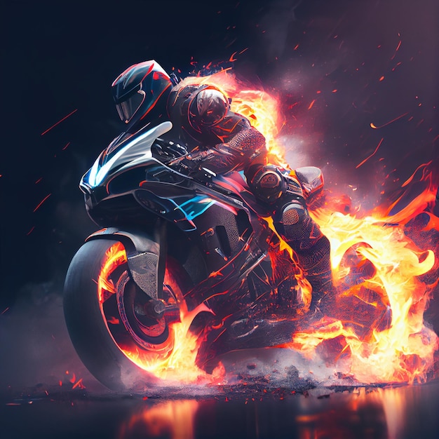 Stunning photo of biker motorcyclist driving sportbike on fire