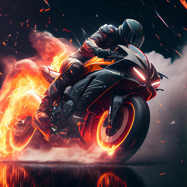 Stunning photo of biker motorcyclist driving sportbike on fire