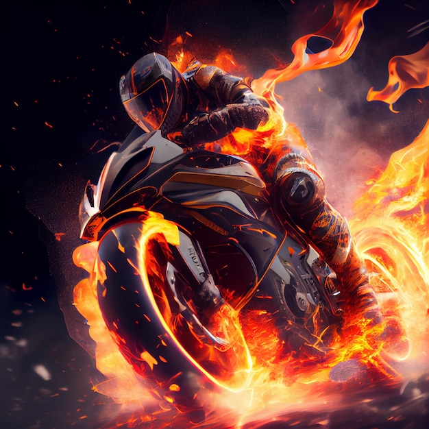 Stunning photo of biker motorcyclist driving sportbike on\
fire