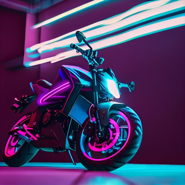 Splendida foto del motociclista motociclista alla guida di una moto sportiva con luci al neon