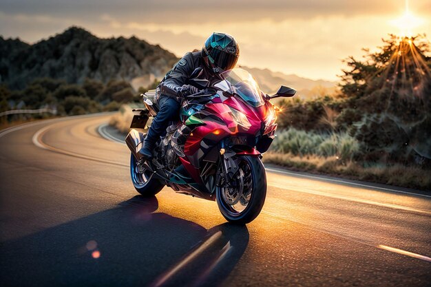 Photo stunning photo of biker motorcyclist driving sportbike with neon lights