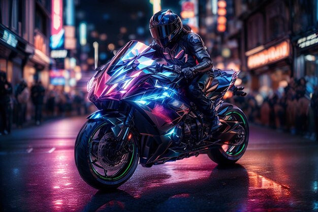 Stunning photo of biker motorcyclist driving sportbike with neon lights