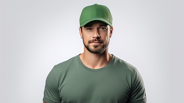 Photo stunning photo handsome man wearing a green baseball cap mockup in front view isolated in white