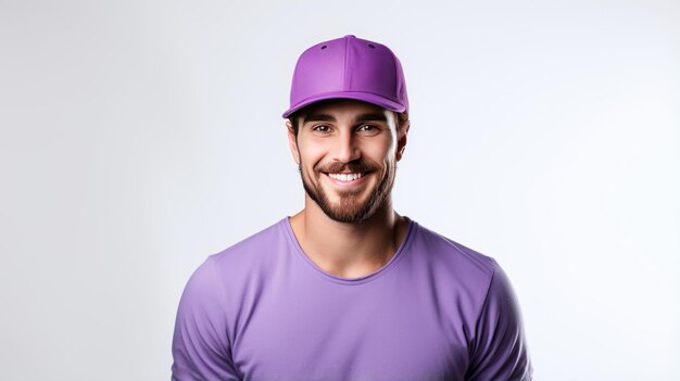 白で隔離された正面ビューで紫色の野球帽のモックアップを身に着けている見事な写真のハンサムな男