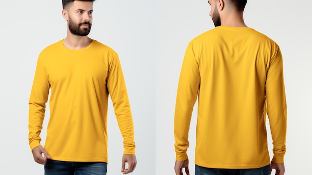 Stunning photo Man wearing a yellow Tshirt with long sleeves Front and back view on white background