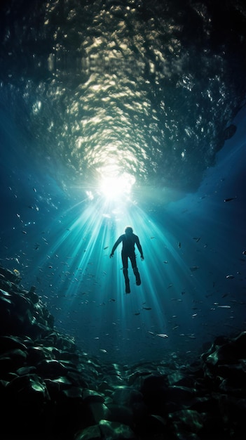 Foto splendida foto di un nuotatore che si tuffa in uno scintillante oceano blu