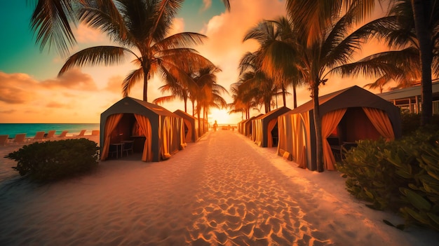 A stunning photograph capturing the essence of luxury and serenity during a golden beach sunset