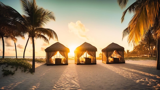 A stunning photograph capturing the essence of luxury and serenity during a golden beach sunset