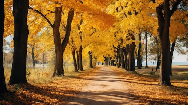 A stunning photograph capturing the golden hues of a tree lined pathway in autumn