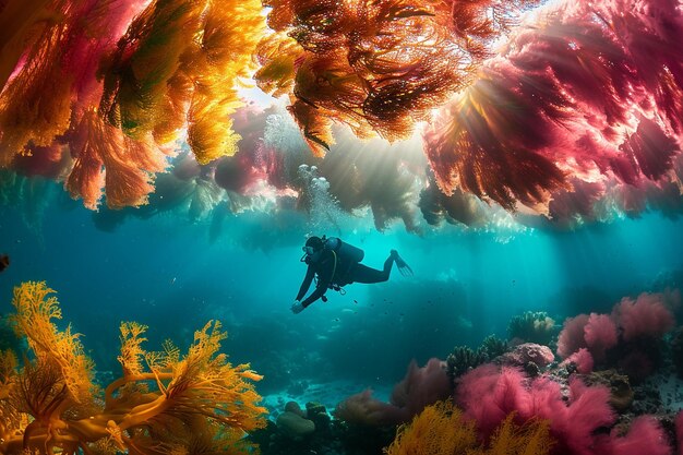 A stunning photograph of a diver surrounded by a s generative ai