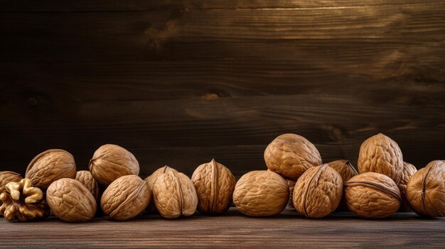 Photo stunning photograph showcasing a collection of walnuts elegantly arranged on a rustic wood background the abundant copy space allows for creative usage and is perfect for various design projects