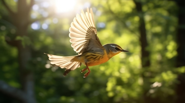 Photo stunning photorealistic warbler flying in forest 8k real image