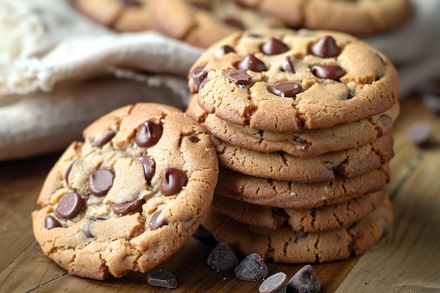 stunning picture stack of chocolate chip cookies on old wooden table soft lighting