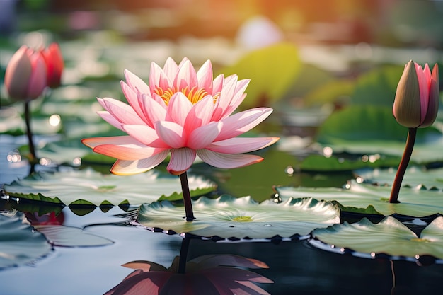 Stunning pink lotus in a pond