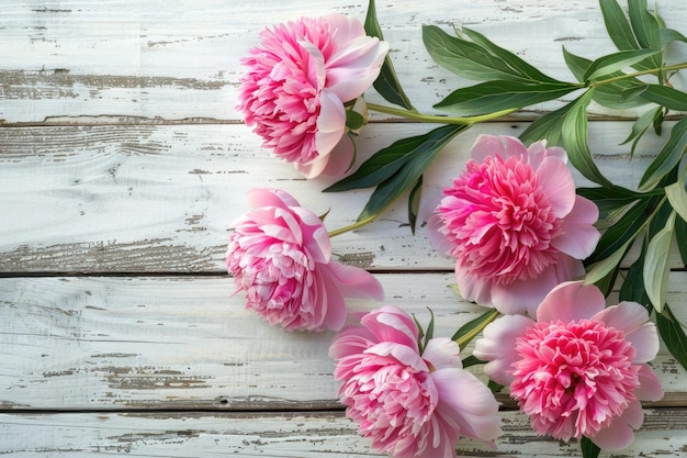 Stunning pink peonies on white rustic wooden background Copy space