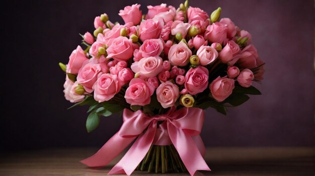 ピンクのリボン付きの花束に麗なピンクと白の色の花