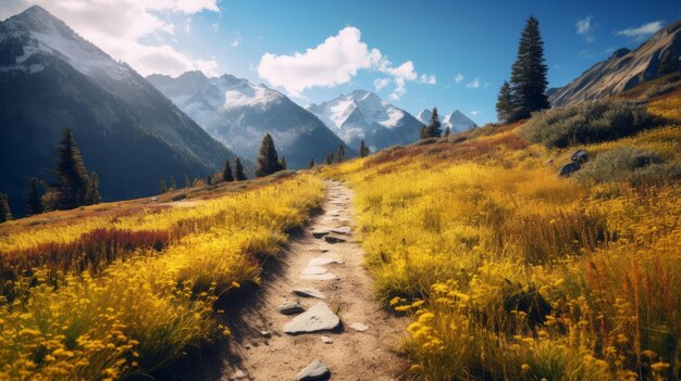 아름다운 평야 산책로 노란색 파란색 분홍색 검은색 강한 그림자
