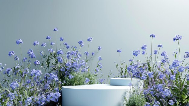 Stunning podium backdrop with spring blue flowers landscape scene in 3D