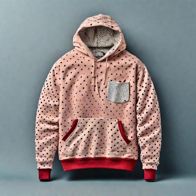 A stunning polka dotted hoodie mockup sweatshirt with pocket isolated on color background