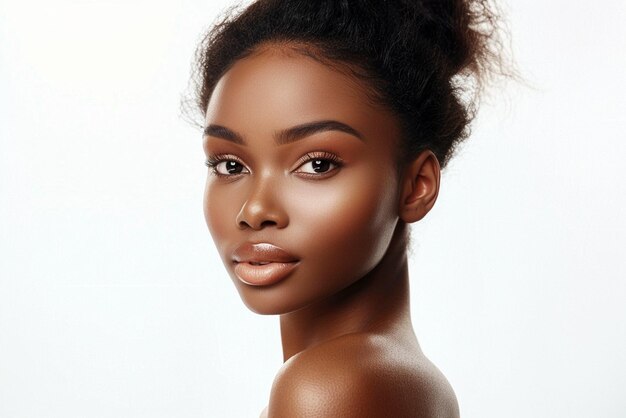 Stunning Portrait African American Woman with Healthy Skin against White Background Face Care