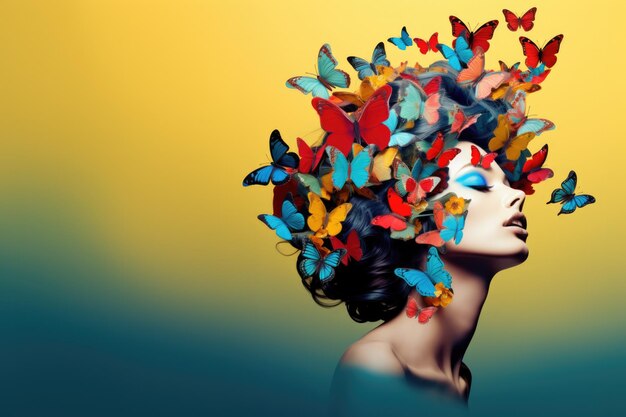 Photo stunning portrait of a beautiful woman with a headdress of butterflies of all colors space for copy