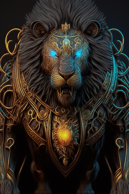 A stunning portrait Fierce black lion in glowing armor AI Generated