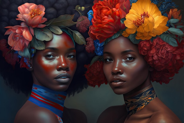 Photo a stunning portrait of two african american women with flower crowns