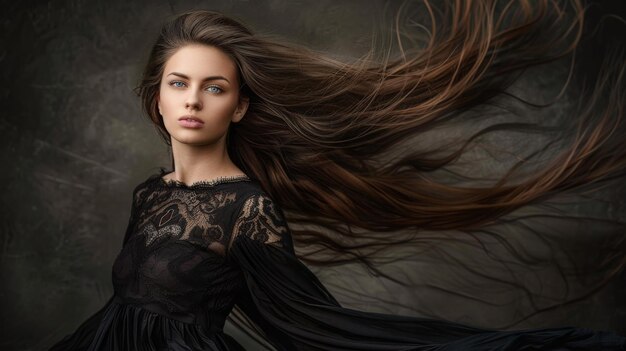 Photo stunning portrait of woman with flowing hair and striking blue eyes