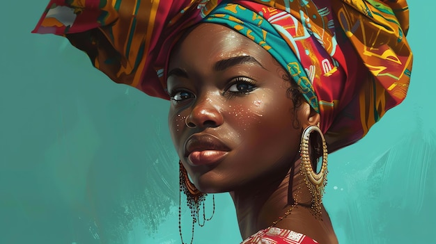 A stunning portrait of a young African woman wearing a traditional head wrap Her eyes are dark and mysterious and her skin is smooth and flawless