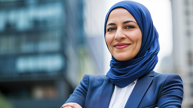 A stunning portrayal of a muslim businesswoman in a hijab embodying professionalism and ambition