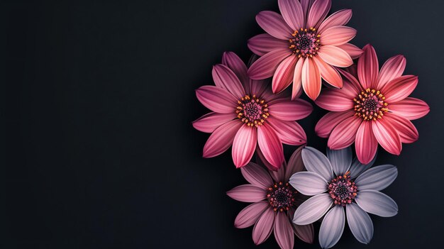 Foto strabilianti fiori a gradiente di simmetria radiale catturano in questa vista dall'alto con uno sfondo nero isolato queste fiori vibranti spuntano con fascino visivo ideali per progetti di design wallpaper