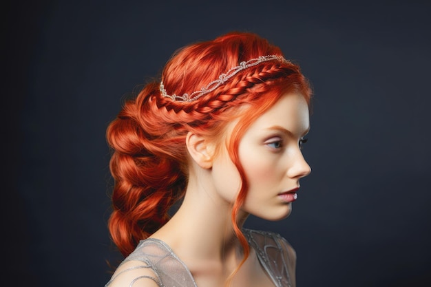 A stunning redhead beauty girl with a luxurious evening hairstyle set against a dark backdrop