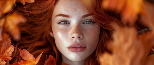 Stunning Redhead Model Symbolizing The Beauty Of Autumn Against A Backdrop