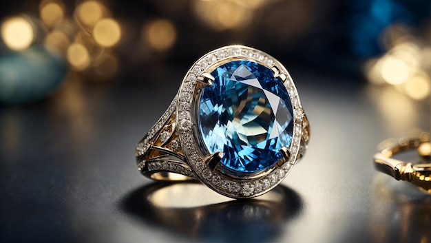 鮮やかなブルーの宝石をあしらった美しいリングデザイン