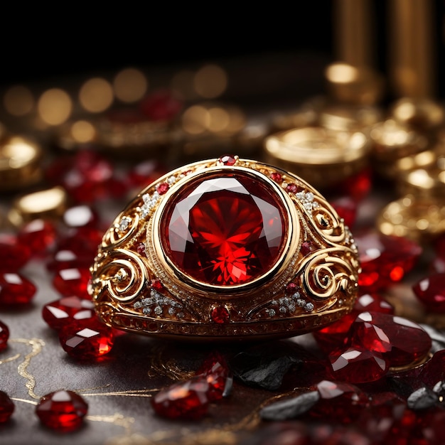 A stunning ring design adorned with a bright red gemstone