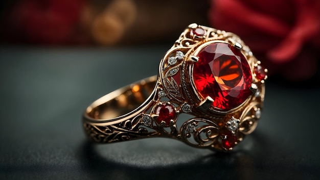 A stunning ring design adorned with a bright red gemstone