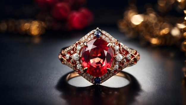 A stunning ring design adorned with a bright red gemstone