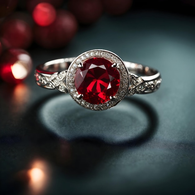 A stunning ring design adorned with a bright red gemstone