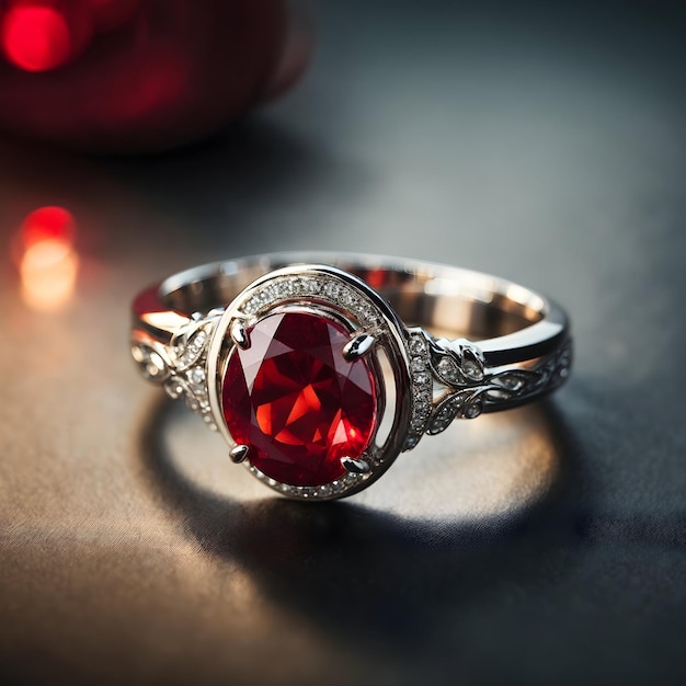 A stunning ring design adorned with a bright red gemstone