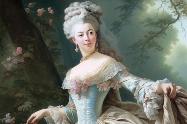 Stunning Rococo portrait of a lady depicted in a magnificent outdoor setting wearing