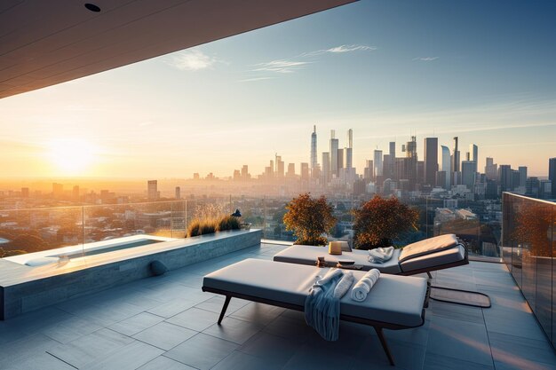 Stunning rooftop view of city skyline with modern house in the background