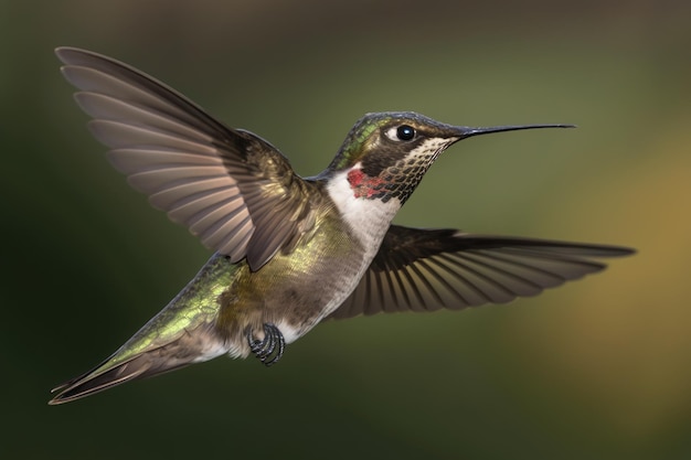 A stunning Ruby throated Hummingbird in flight