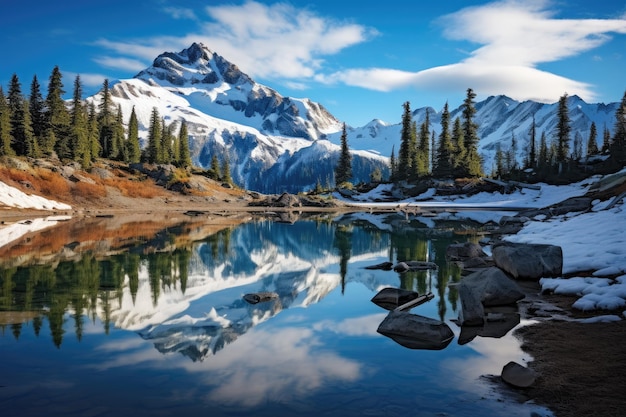 A stunning scene of a mountains majestic silhouette mirrored perfectly in the undisturbed stillness of a serene lake Whistler mountain reflects in Lost Lake with a blue hue AI Generated