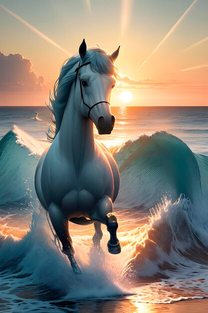 a stunning scene of sea foam horses galloping through the shimmering waves of the ocean