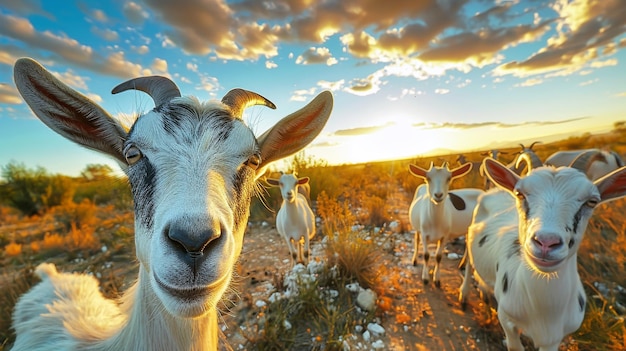 A stunning scene unfolds as a group of goats calmly graze upon the lush green grass covering the vast field