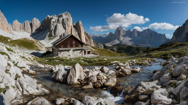 Photo stunning scenery of the stony rifugio lavaredo at cadini di misurina area