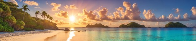 Photo a stunning scenery of a tropical beach with palm trees calm ocean and a cloudy sky during sunset