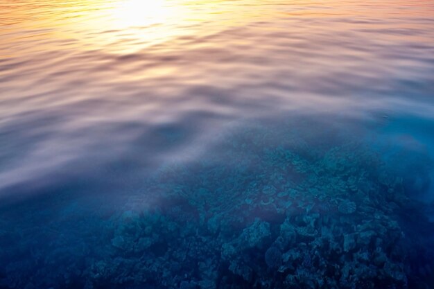 澄んだ水の下でサンゴの見事な海の景色。スローシャッターで撮影した水面に映る夕日。スローシャッターによるソフトフォーカス。スピード瞑想。無人。サンライン。ロマンチックな旅。